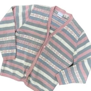 Vintage Bobbie Brooks Cardigan Pink Grey Striped Floral Pastel Size Medium